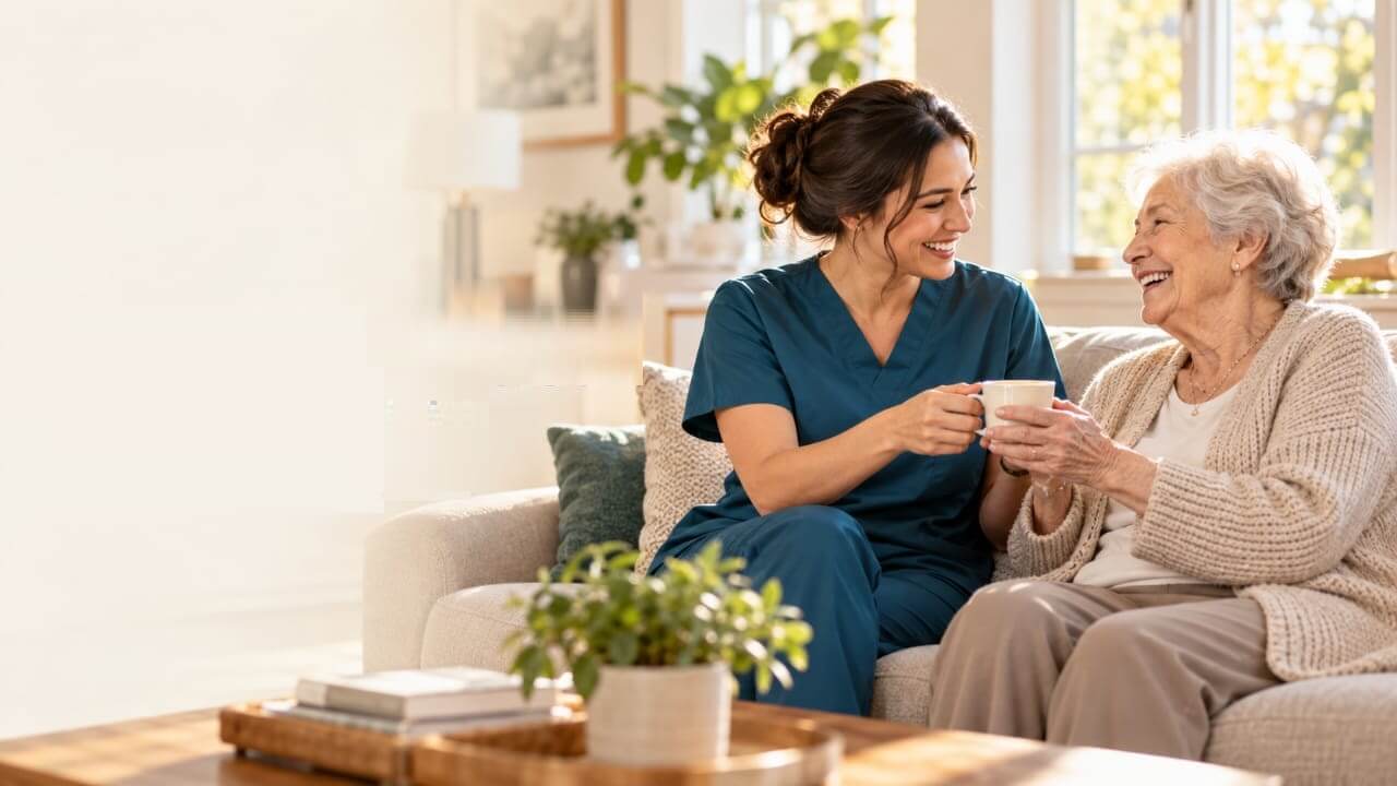 A caregiver sharing a warm moment with a senior
